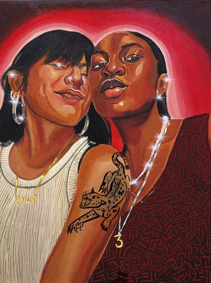 “The Titanz” - By Mieyoshi Ragernoir - Oil on canvas with digital effects - - Mieyoshi Ragernoir is a painter, art educator, and mixed media artist from Harlem, NY; she creates celebratory paintings archiving the connections of people, heritage, and joy; predominantly portraits highlighting the radiance of Black femininity. - Mieyoshi Ragernoir