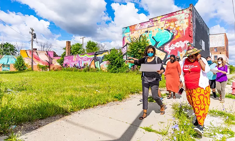 Members of Allied Media Projects conduct a site visit for the LOVE Building in 2020. - Stephanie Kamera for Designing Justice + Designing Spaces