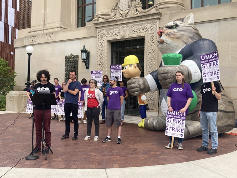 Striking members of the Graduate Employees’ Organization hold a press conference about allegations of falsified grades at the University of Michigan. - Courtesy of the Graduate Employees’ Organization