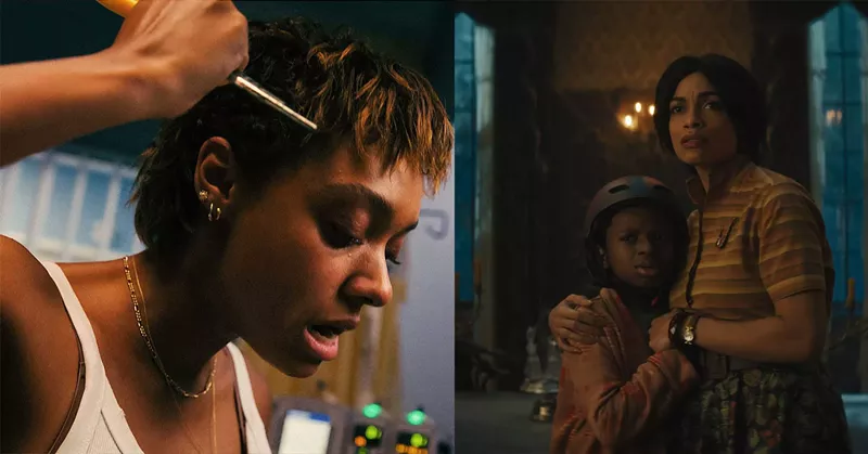 Left: Sophie Wilde starts communicating with the dead — and lives to regret it — in Talk to Me. Right: Chase Dillon, left, and mom Rosario Dawson find themselves in Disney's live-action Haunted Mansion. - Matthew Thorne/A24, Disney Enterprises Inc.