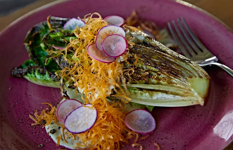 Charred romaine with bottarga dressing, mimolette, and radish from Coeur. - Heather Saunders for Coeur