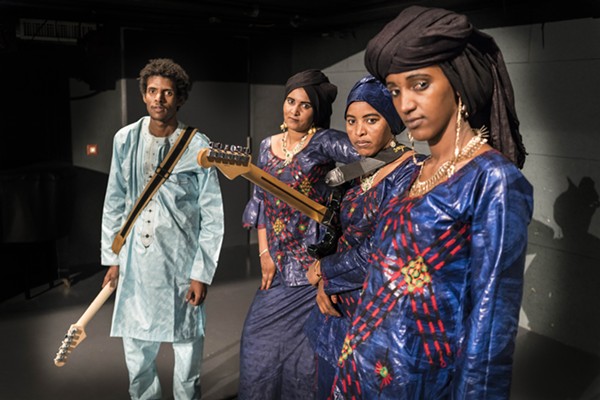 MDOU MOCTAR WITH FILLES DE ILLIGHADAD, SUBJECT OF FILMS AND MUSIC TO BE PLAYED AT TRINOSOPHES. COURTESY PHOTO.