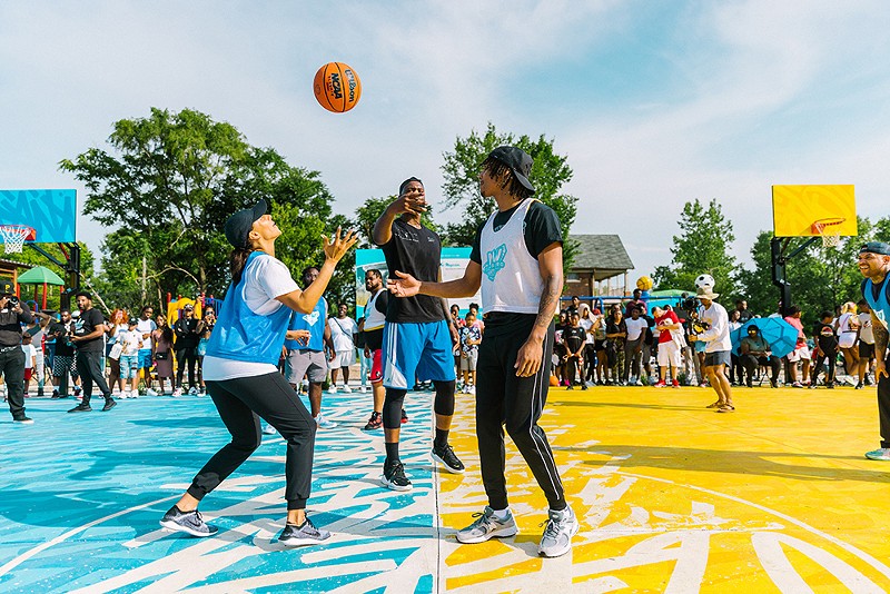 Detroit City Council President Mary Sheffield faced off against local rap star Skilla Baby for a basketball match during Hoopfest in the Northwest Goldberg neighborhood. - City of Detroit