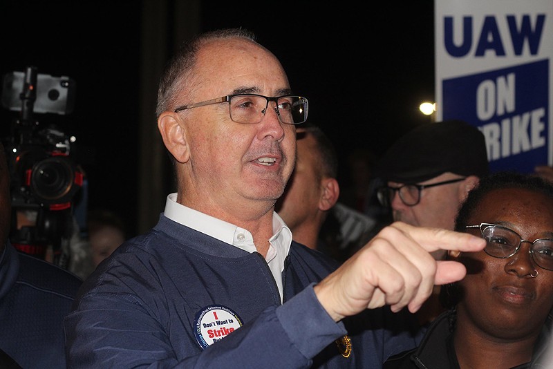 The UAW strike begins and UAW President Shawn Fain talks to picketing workers at Ford-owned Michigan Assembly Plant in Wayne, Michigan the night of September 14, 2023. - Anna Liz Nichols