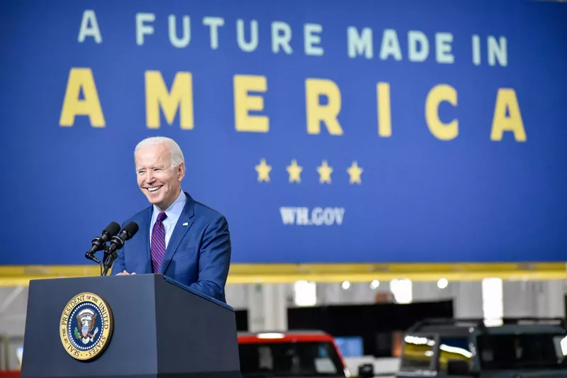 President Joe Biden delivers remarks on his American Jobs Plan and the Ford F-150 Lightning electric pickup truck at the Ford Motor Co. Rouge Electric Vehicle Center in Dearborn, where the truck will be produced, on Tuesday, May 18, 2021. - Andrew Roth | Michigan Advance