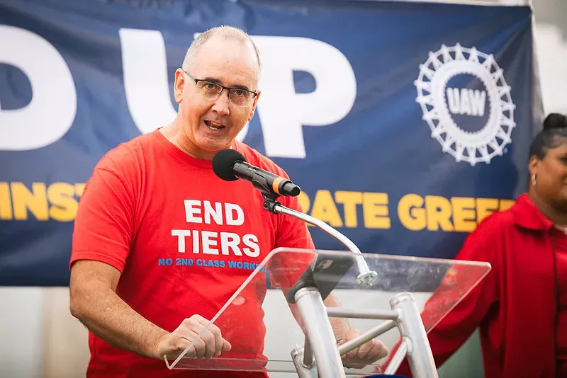 UAW President Shawn Fain speaks at a rally in support of the union’s strike against the Big Three automakers. - Viola Klocko