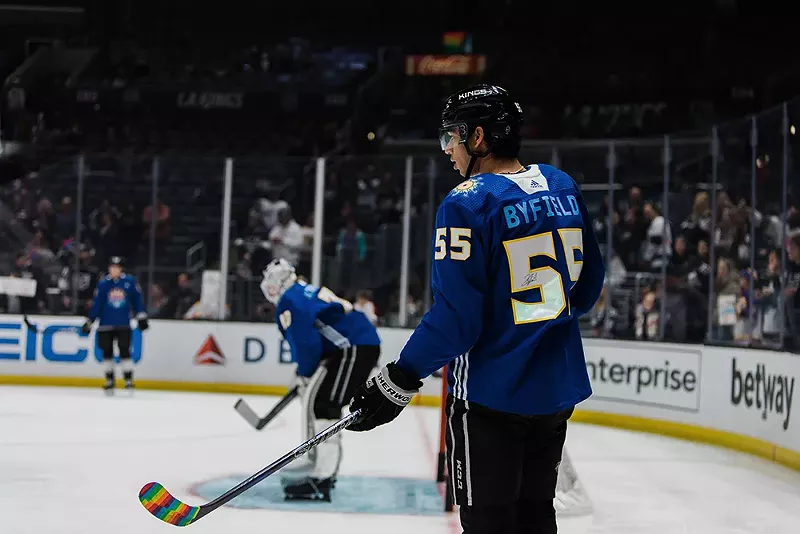 Quinton Byfield of the NHL’s Los Angeles Kings participates in Pride Night before a March 18, 2023 game. - ZUMA Press, Inc. / Alamy Stock Photo