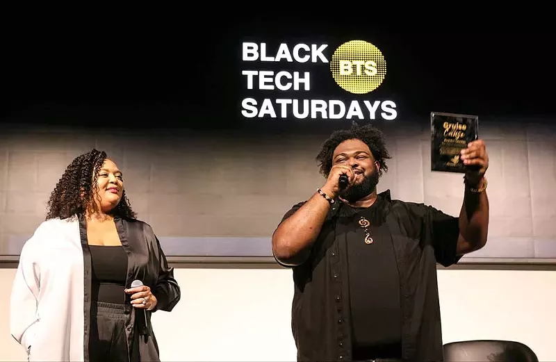 Black Tech Saturdays co-founders Alexa and Johnnie Turnage speak to the crowd during a September event. - Tay Ford