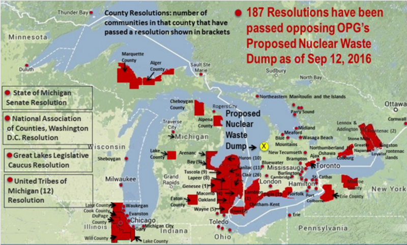 A map of the local resolutions opposing the proposed nuclear waste dump - Courtesy Stop the Great Lakes Nuclear Dump