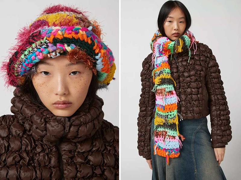 Urban Outfitters is selling two items that bear a striking similarity to Ulevich’s designs: a “Mixed Yarn Bucket Hat” for $45, and a “Mixed Knit Scarf” for $59. - Urban Outfitters