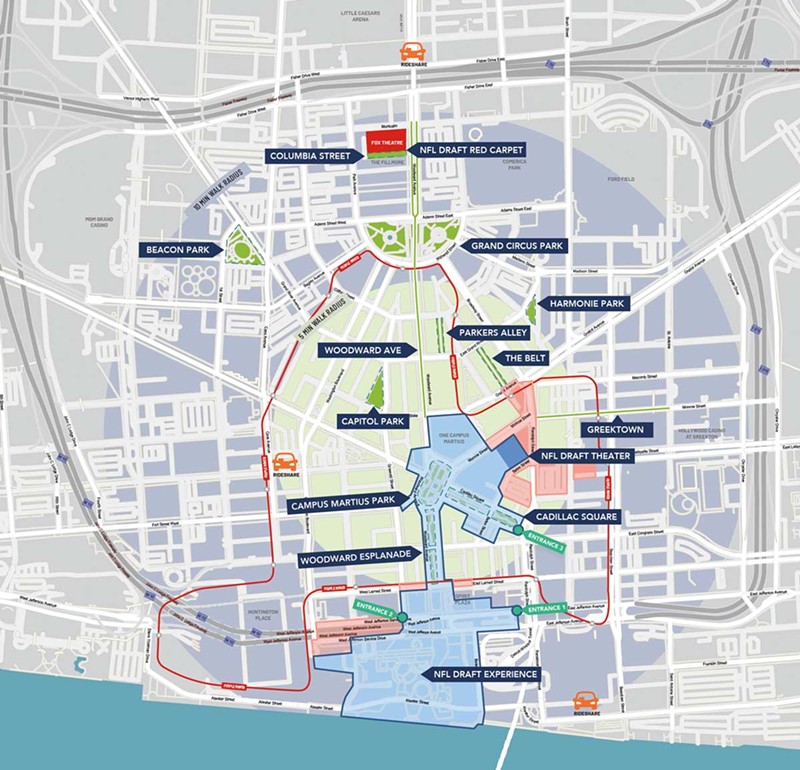 Blue: Front of house guest areas for NFL Draft Experience - Teal: NFL Draft Experience entrances - Green: Draft D in D activations - Red line: People Mover route - Rideshare: Designated areas for rideshare app drop-offs - Red: Back of house restricted areas for NFL Draft Experience - Downtown Detroit Partnership