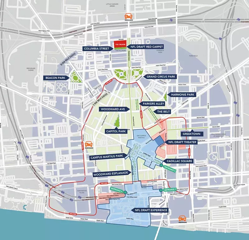 Blue: Front of house guest areas for NFL Draft Experience - Teal: NFL Draft Experience entrances - Green: Draft D in D activations - Red line: People Mover route - Rideshare: Designated areas for rideshare app drop-offs - Red: Back of house restricted areas for NFL Draft Experience - Downtown Detroit Partnership