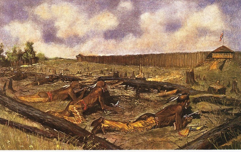 A depiction of the 1763 Siege of Fort Detroit by Frederic Remington. - Frederic Remington, public domain