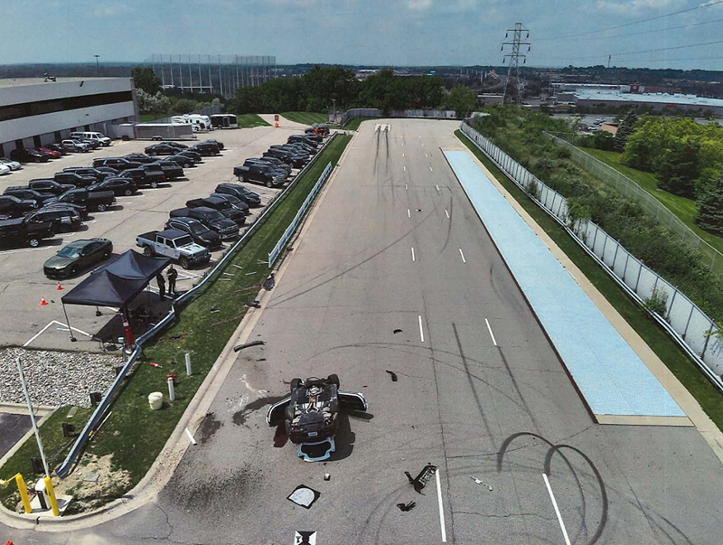 A Ford car crashed into a guardrail where elementary children had gathered for a vehicle demonstration at a test track in Auburn Hills in July 2023. - Courtesy of Marko Law, PLLC