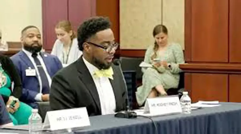 Detroit Public Schools teacher Rodney Fresh addresses the U.S. House Democratic Steering and Policy Committee on Sept. 25, sharing his concerns about a conservative plan to reshape the federal government, known as Project 2025. - U.S. Rep. Rosa DeLauro