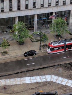An illegally parked car delays the QLine during testing. - Courtesy Scott (Toaden) Maiale