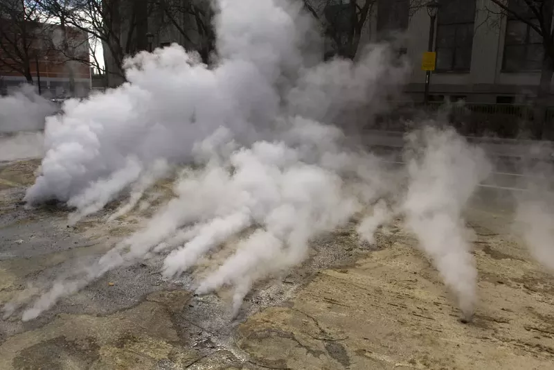 Blinding, scalding high-pressure steam spewed out of a street near Cass Tech High School in Detroit in March 2017. - Steve Neavling