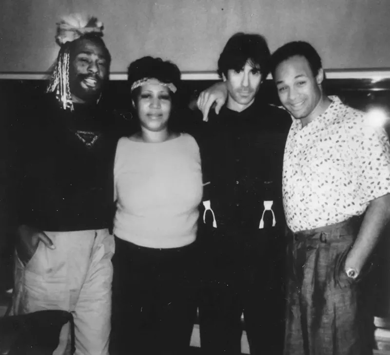 Left to right: George Clinton, Aretha Franklin, Peter Wolf, and producer Narada Michael Walden at United Sound, Detroit, 1985. - Courtesy of Narada