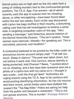 A viral social media post tells a tale tale about an alleged “Tea Bag Killer” in Detroit. - Screenshot