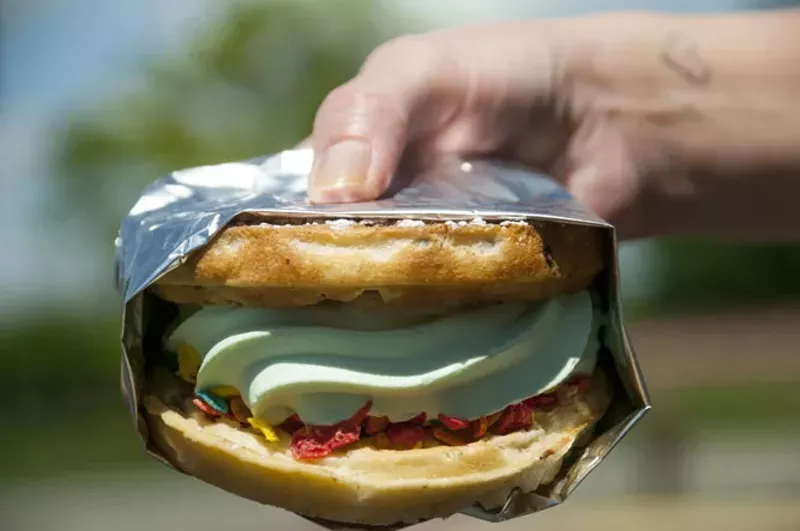 The Waffle sandwich with pistachio custard and Fruity Pebbles at Custard Hut. - Tom Perkins