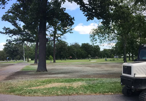 Swaths of grass torn up by the Grand Prix. - Photo by Tom Pekrins