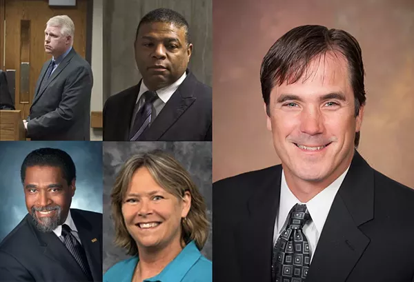 Clockwise from top left: Michigan Department of Environmental Quality water supervisor Stephen Busch, former Flint Water Department manager Howard Croft,  Michigan Department of Health and Human Services Director Nick Lyon, MDHHS Medical Executive Eden Wells, and former Flint Emergency Manager Darnell Earley. All, except Wells, are charged with involuntary manslaughter. - Courtesy photo.