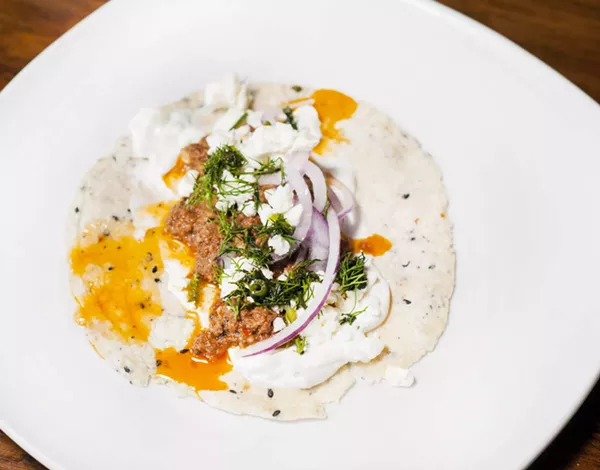 Greek taco with cinnamon lamb, feta, cucumber-garlic yogurt, dill, and Bulgarian feta. - Tom Perkins