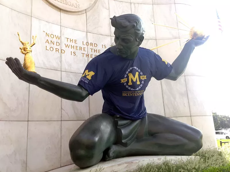 The Spirit of Detroit decked in maize and blue in honor of the University of Michigan's bicentennial. - Lee DeVito