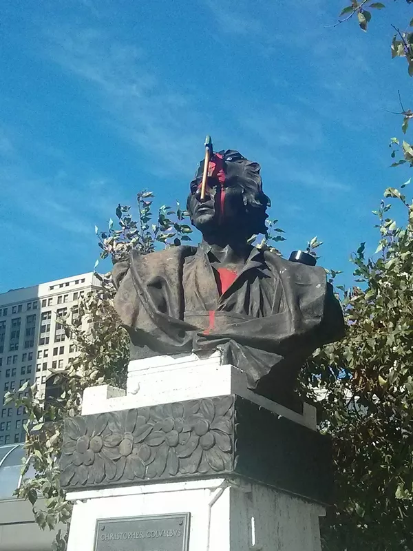 The bust was defaced on Columbus Day 2015. - Photo via Reddit user Tomseph.