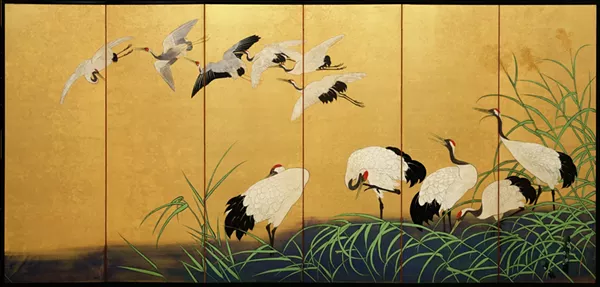 “Reeds and Cranes,” 19th century, Suzuki Kiitsu, color paint on gilded silk. - Detroit Institute of Arts