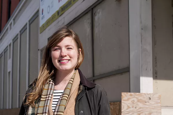 Lucy Peters at the under renovation, future home of Wilda's at the corner of West Grand and Woodward. - Photo By Tom Perkins