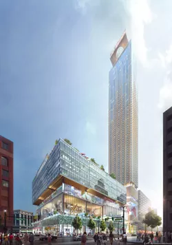 A rendering of Dan Gilbert’s proposed development for the site of the former J.L. Hudson’s department store. Through a package of bills colloquially called the “Gilbert Bills,” Michigan’s richest resident could get up to $1 billion in taxpayer money to fund the project. - Courtesy photo