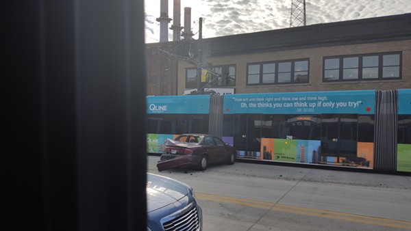 On Nov. 6 a DDOT bus hit a car, causing it to crash into the QLine. The streetcar was down for several hours. - Photo courtesy Megan Owens
