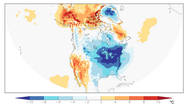 Temperatures in North America averaged over the two-week period December 25, 2017 to January 7, 2018 (ECMWF analyses and forecasts) - climatecentral.org