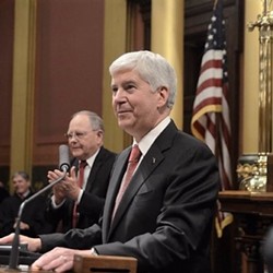 Gov. Rick Snyder delivering one of eight State of the State addresses. - TWITTER, @ONETOUGHNERD