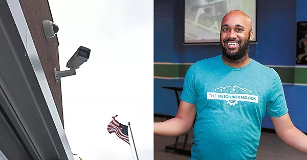 Left: Project Green Light camera at a McDonald’s on Eight Mile in Detroit. Right: Detroit’s “chief storyteller,” Aaron Foley, smiles for the camera at the launch event for “The Neighborhoods” website. - Violet Ikonomova/Kwabena Shabu