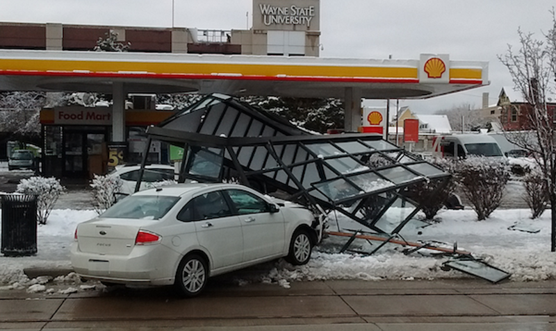 A shattered bus shelter in front of Shell Gas, 4661 Woodward Ave., Detroit. - Photo by Michael Jackman