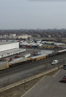 Photo of a derailed train in Southwest Detroit taken from the offices of the Ideal Group.
