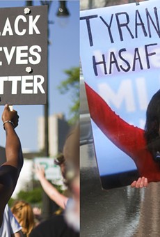 Left: A young man at a Black Lives Matter protest in Detroit. Right: An elderly woman at an anti-Whitmer rally in Lansing.