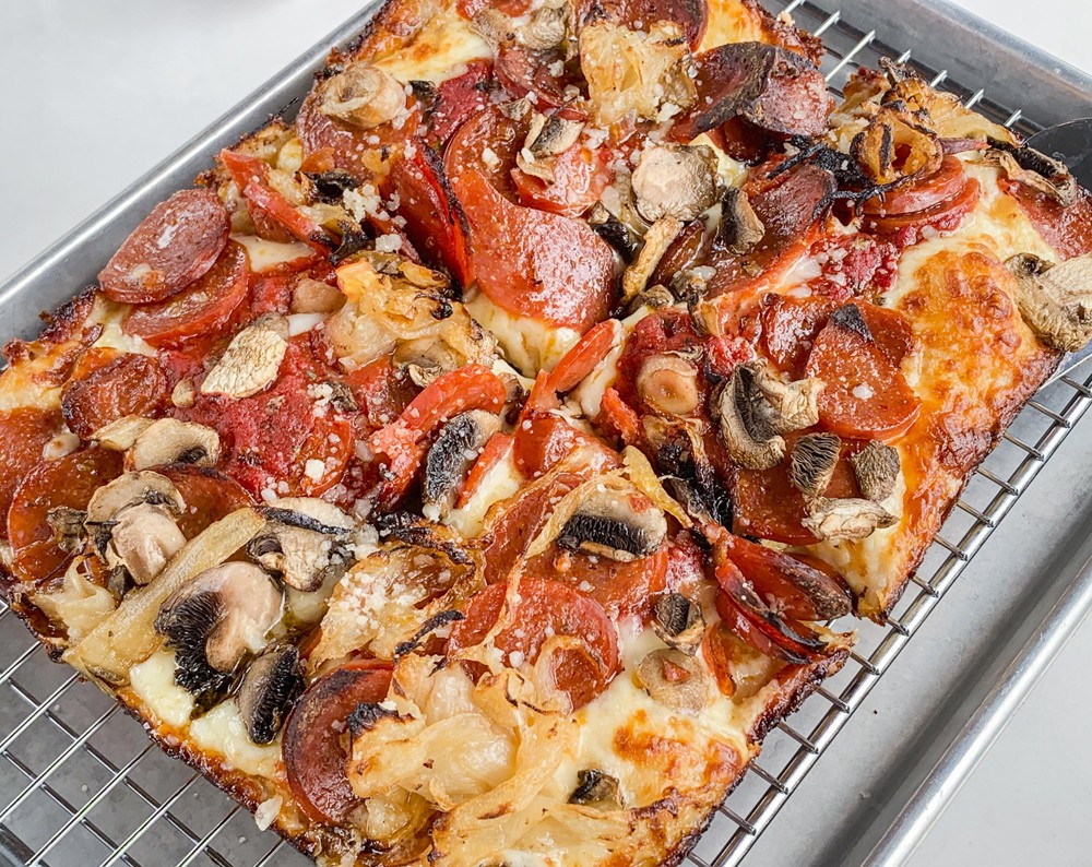 “The Granny” with pepperoni, mushrooms, and caramelized onions.