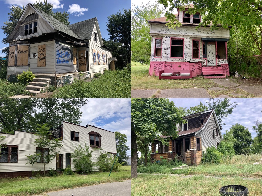Upper left: The alleged “home base” of a suspected serial killer. Other nearby houses have not yet been boarded up by the city despite Mayor Mike Duggan's pledge to do so by the end of July.