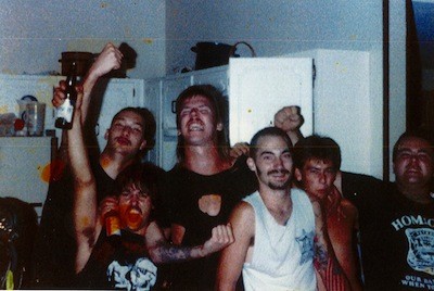 Young party days: (Left to right) Dougie Toms, Roy Bates, unidentified, Jeff Gunnells, unidentified, and Jay Way, circa 1988. - PHOTO COURTESY MIKE “THE GOOK” COULS, COLD AS LIFE
