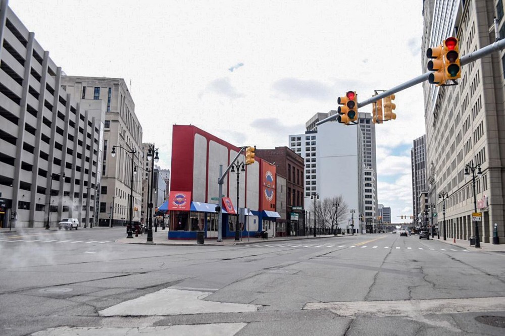 A virtually empty downtown Detroit days after Gov. Whitmer called for all dine-in restaurants to close in March.