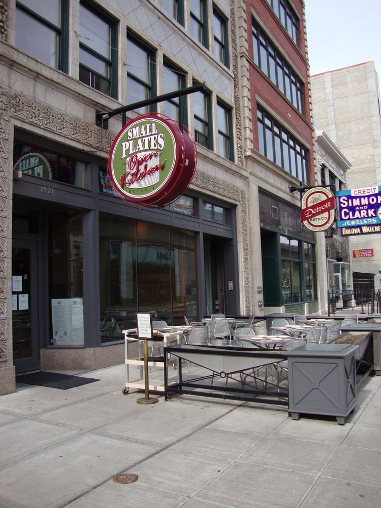 Small Plates1521 Broadway, Detroit; (313) 963-0702
This downtown dining destination offers the palette a selection of cuisine as diverse as the city itself -- and a simple outdoor seating area that's perfect for when you're out and about. 
(Photo credit: Amy D. on Yelp)