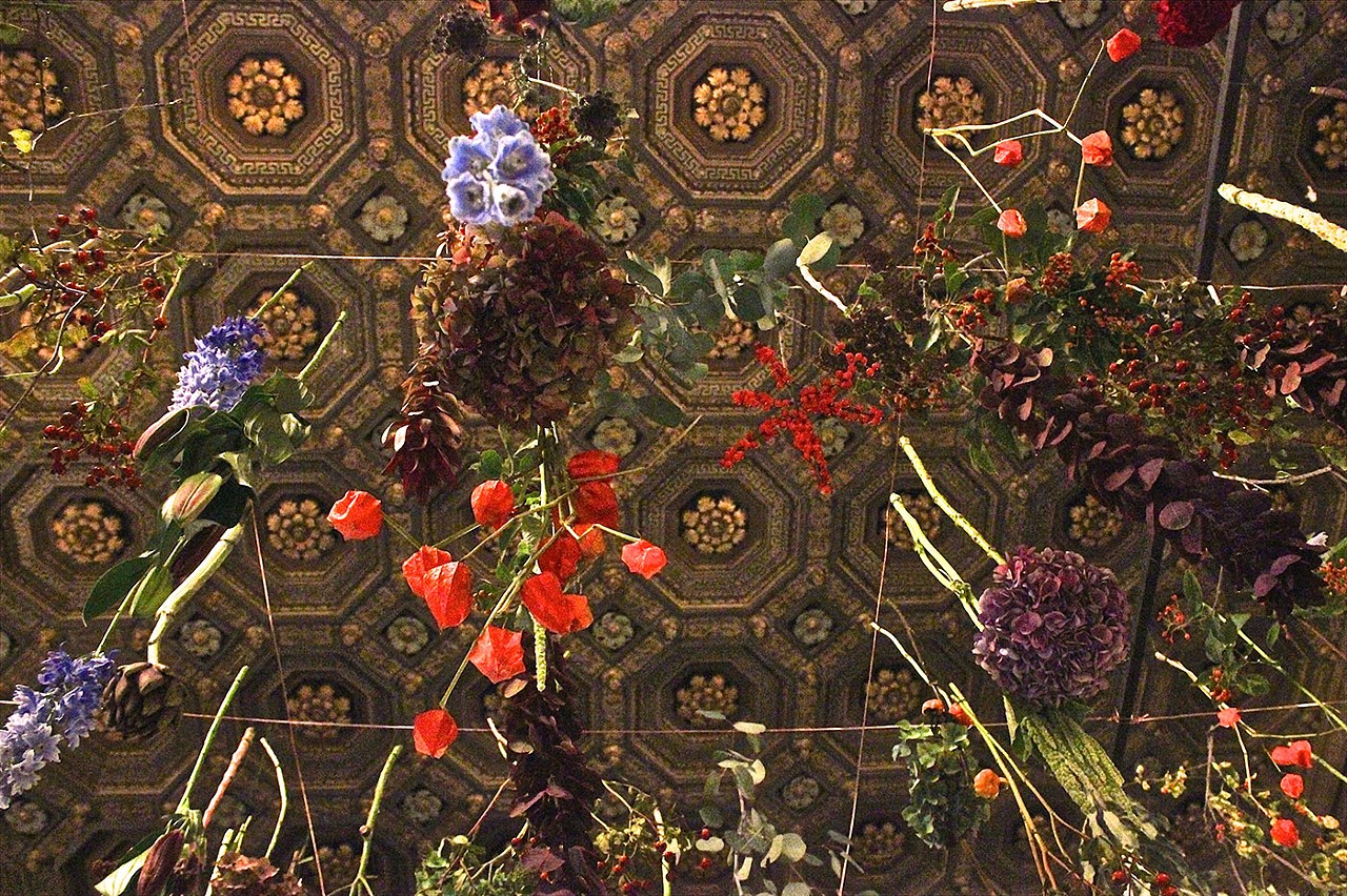 Detail and installation view of British botanical artist Joseph Massie's installation at the Detroit Public Library, the scene of a closing night dinner reception on October 15.