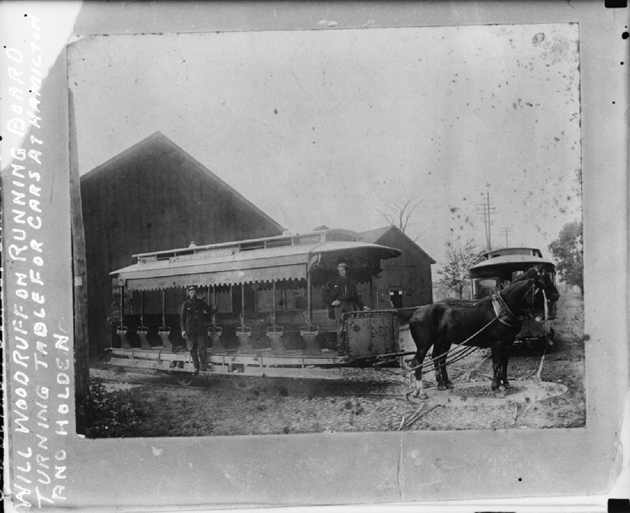 The conversion to machine power was equally fitful. Some streetcars ran on unshielded wires strung overhead, others on third rails embedded in slots in the street. A line on Cadillac even used steam power briefly. But by the end of 1895, the last company had completely electrified its operations. If the photographic records are correct, this image is of one of the last holdouts from the 1890s, on a turntable for cars at Hamilton and Holden.