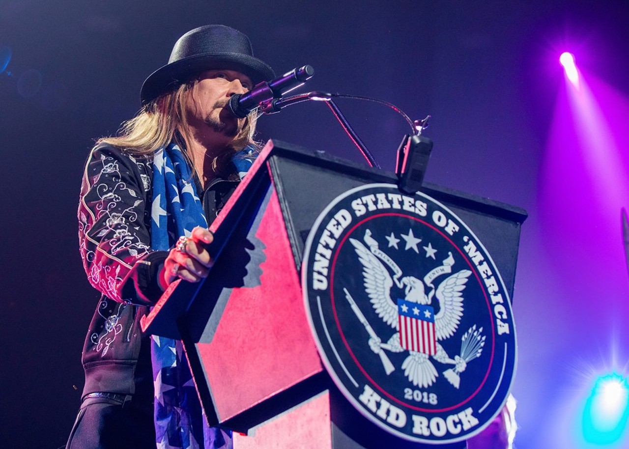 One nation, under Bullgod &#151; On July 12, a mysterious website kidrockforsenate.com surfaces. The site, which remains active, features a portrait of rap-rocker Kid Rock perched beside a taxidermic deer and the caption &#147;Are You Scared?&#148; and hawks merch emblazoned with &#147;Kid Rock for U.S. Senate &#146;18.&#148; Rock, n&eacute;e Robert Ritchie, keeps political wonks guessing with a well-rehearsed &#147;stump speech&#148; composed of campaign promises delivered as rhyming stanzas at each one of his six shows opening the then-new Little Caesars Arena in September. Preliminary polls show Ritchie trailing behind Democratic Senator Debbie Stabenow, but not by enough to feel comfortable &#151; this is, after all, the age of Trump. It isn&#146;t until October that Ritchie confirms that his Senate run was simply PR at its most ill-advised. &#147;Fuck no, I&#146;m not running."
Photo via Getty Images.