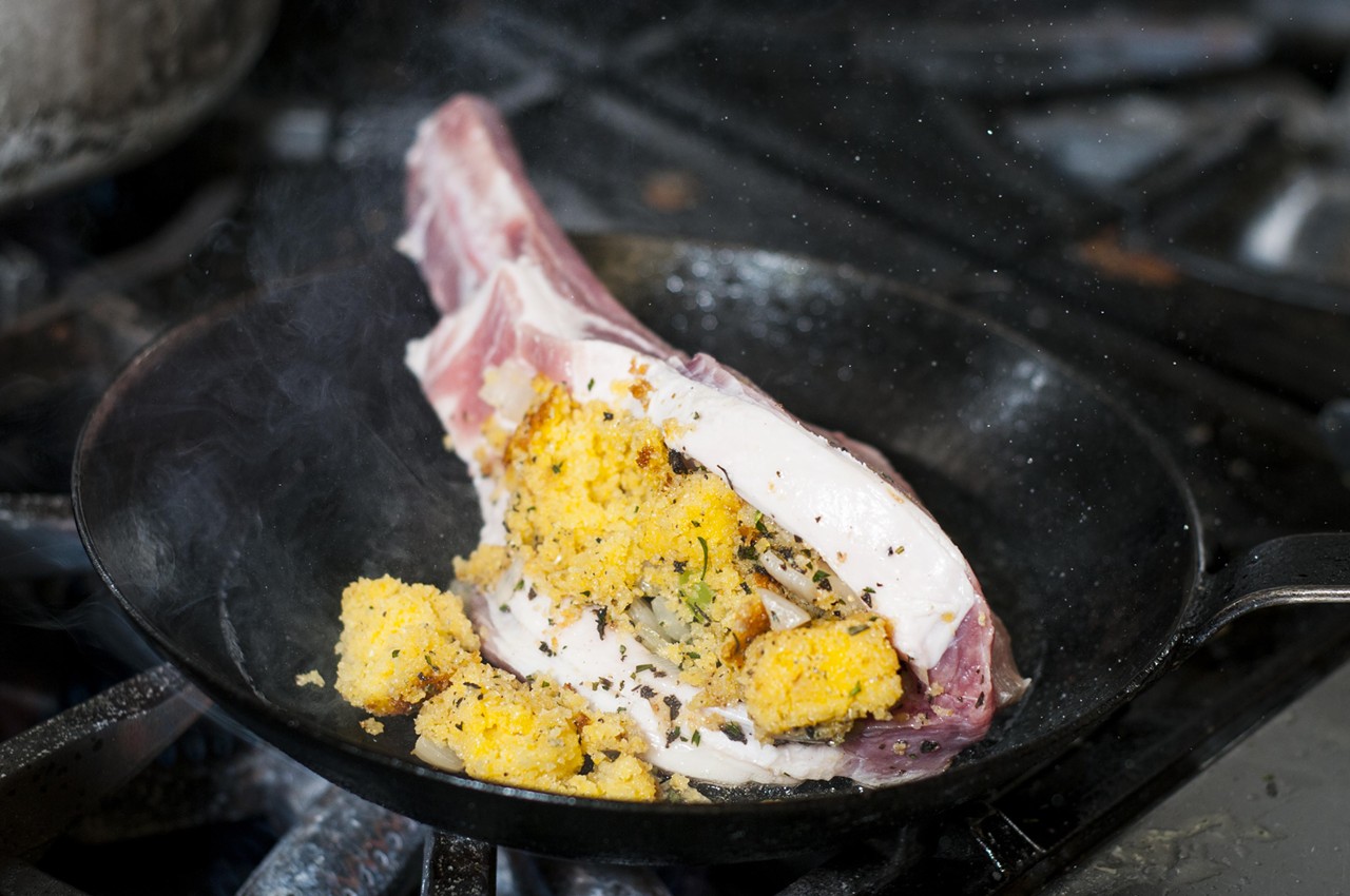 Sear the chop in a hot pan, then place both in the oven for around 20 minutes.
