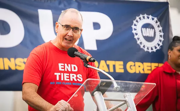 UAW President Shawn Fain speaks at a rally in support of the union’s strike against the Big Three automakers.