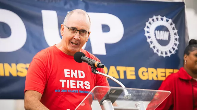 UAW President Shawn Fain speaks at a rally in support of the union’s strike against the Big Three automakers.